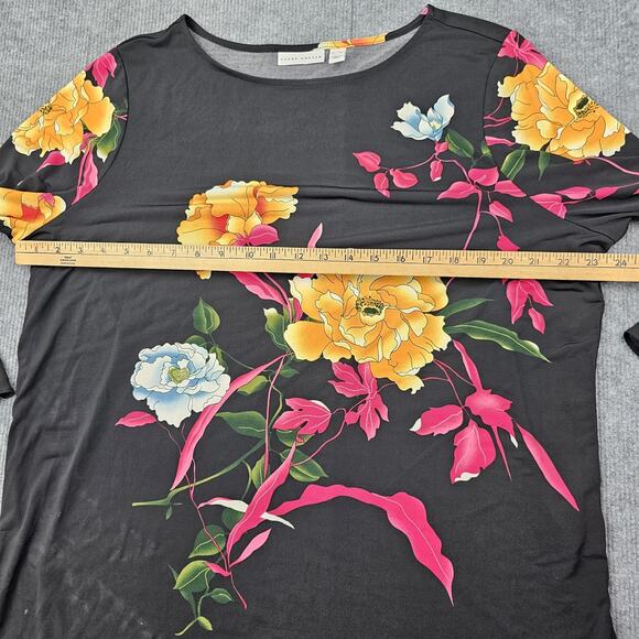 Susan Graver Shirt Womens XL Black Floral Bell Sleeve Liquid Knit Going Out - Picture 6 of 9